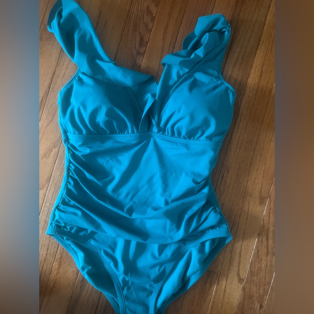 Women Ruffle Top Turquoise Swimsuit-new SZ M